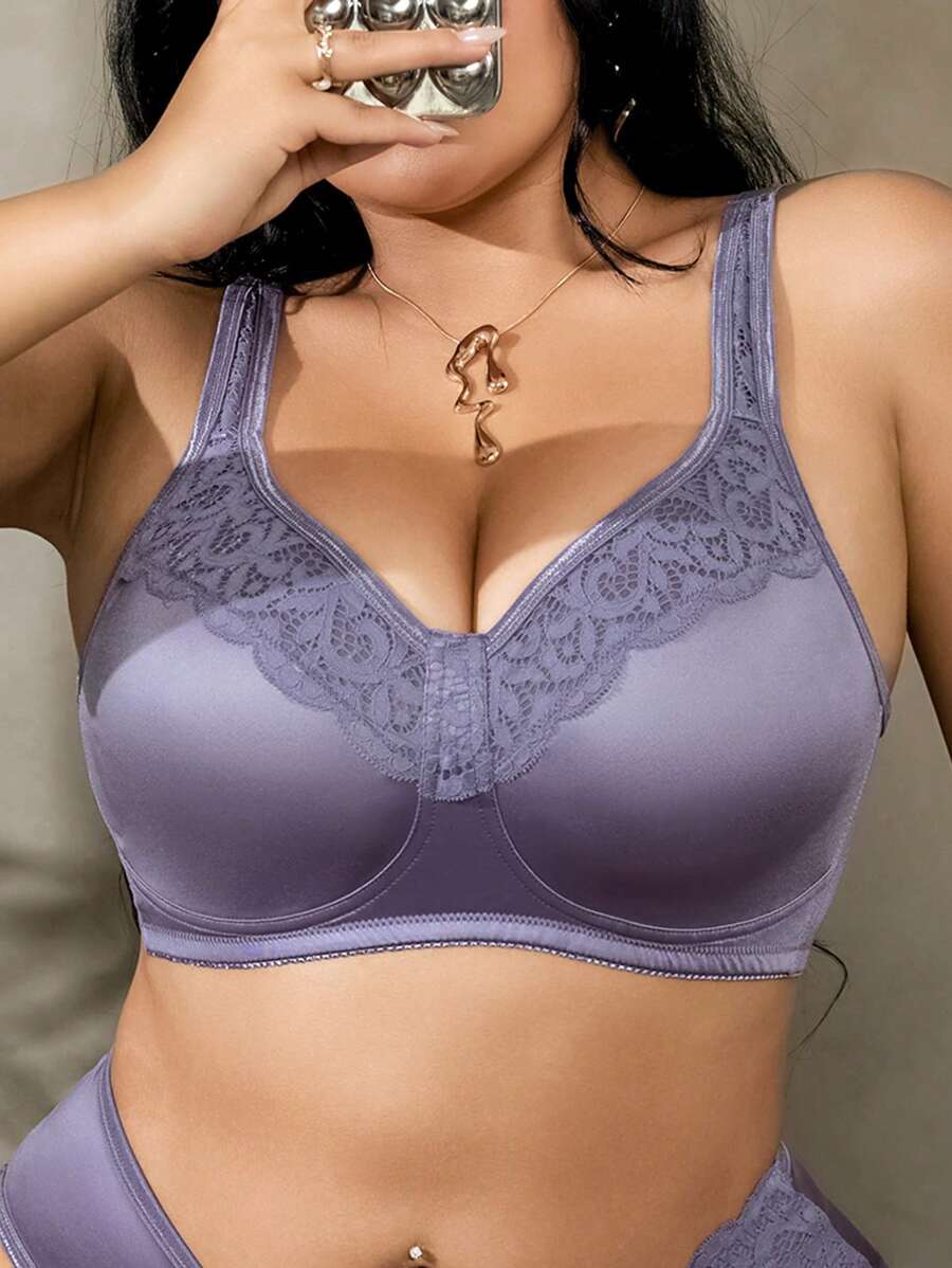 1pc Plus Size Purple Non-Underwire Sheer Bralette, Lift - Purple - View 1