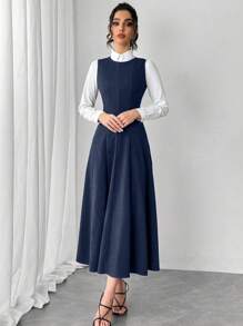 Chiquease Sleeveless A-Line Waist Cinched Round Neck Casual Midi Dress, Daily Versatile