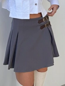 Aloruh New Fashion Retro Gray Pleated Mini Skirt With Contrast Button Decoration, Versatile For Commute And Date - Grey - View 6