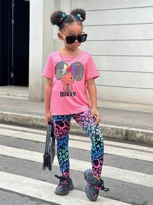 2 件套女童（幼儿）图案印花上衣 + 情人节心形印花紧身裤，休闲风格，适合室内和室外穿着 - 彩色 - 查看 4