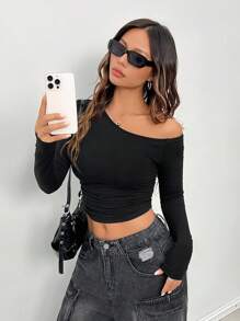 SHEIN PETITE Áo len dệt kim co giãn thoải mái, cổ lệch vai, tay dài không đối xứng, không thể thiếu cho phụ nữ mặc hàng ngày trong mọi mùa - màu đen - Xem 2