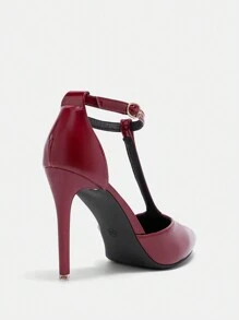 CUCCOO BIZCHIC Burgundy T-Strap Pointed Toe Stilettos, Fashion High Heels For Commute, Dating, Party, Vacation Valentine's Day - Burgundy - View 8