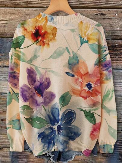 大码女式花卉印花圆领宽松薄针织毛衣，秋冬