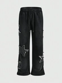 ROMWE MEN Street Life Men's Fleecy Star Patch Drawstring Elastic Waist Sweatpants - Black - View 3