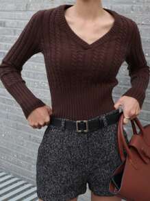 DAZY Áo len dệt kim ngắn cổ chữ V ôm vừa vặn cho nữ, Quần áo mùa thu - Cà phê nâu - Xem 7