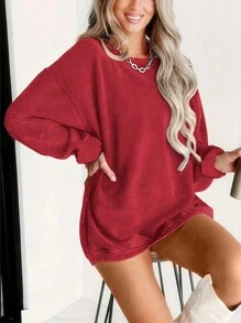 INAWLY Women's Basic Oversized Crew Neck Long Sleeve Sweatshirt, Minimalist Style In Blue Corduroy Fabric, Autumn/Winter