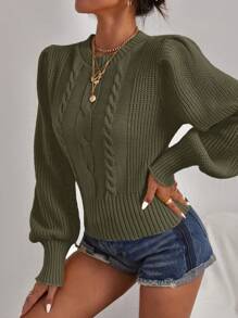 SHEIN Cottnline Solid Color Lantern Sleeve Sweater - Dark Green - View 4