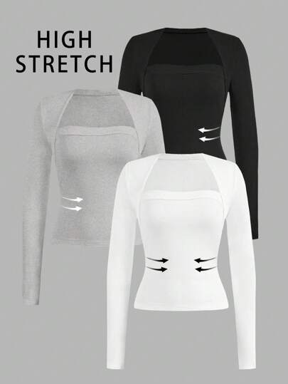 SHEIN EZwear 多件装休闲简约黑白灰色长袖大码 T 恤，秋冬款