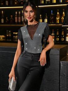 SHEIN Clasi Débardeur à franges en maille avec feuille d'argent pour femmes