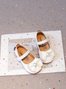 全新春季儿童蝴蝶结装饰公主软底防滑休闲鞋，时尚珍珠皮革平底鞋 - 白色 - 查看 4