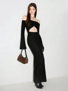 TRNVIE 1pc Sexy Black Open Shoulder Hollow Out Tight Fitting Long Sleeve Dress, Fashion Party Wear For Women, Autumn/Winter - Black - View 3