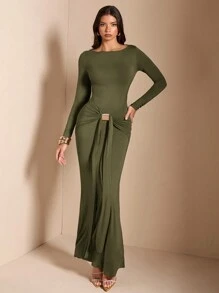 SHEIN BAE Coffee Brown Turtleneck Long Sleeve Bodycon Ruched Midi Dress For Women, Suitable For Cocktail Party, Date, Casual Layering, Party, Wedding, Halloween, Christmas