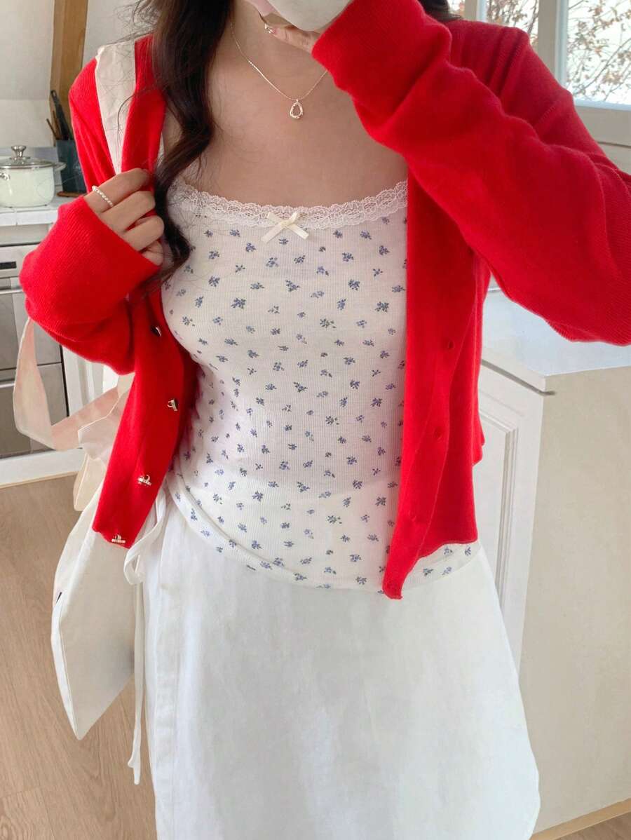 DAZY 女士蕾丝蝴蝶结碎花吊带背心 夏季长袖 - 白色 - 查看 1