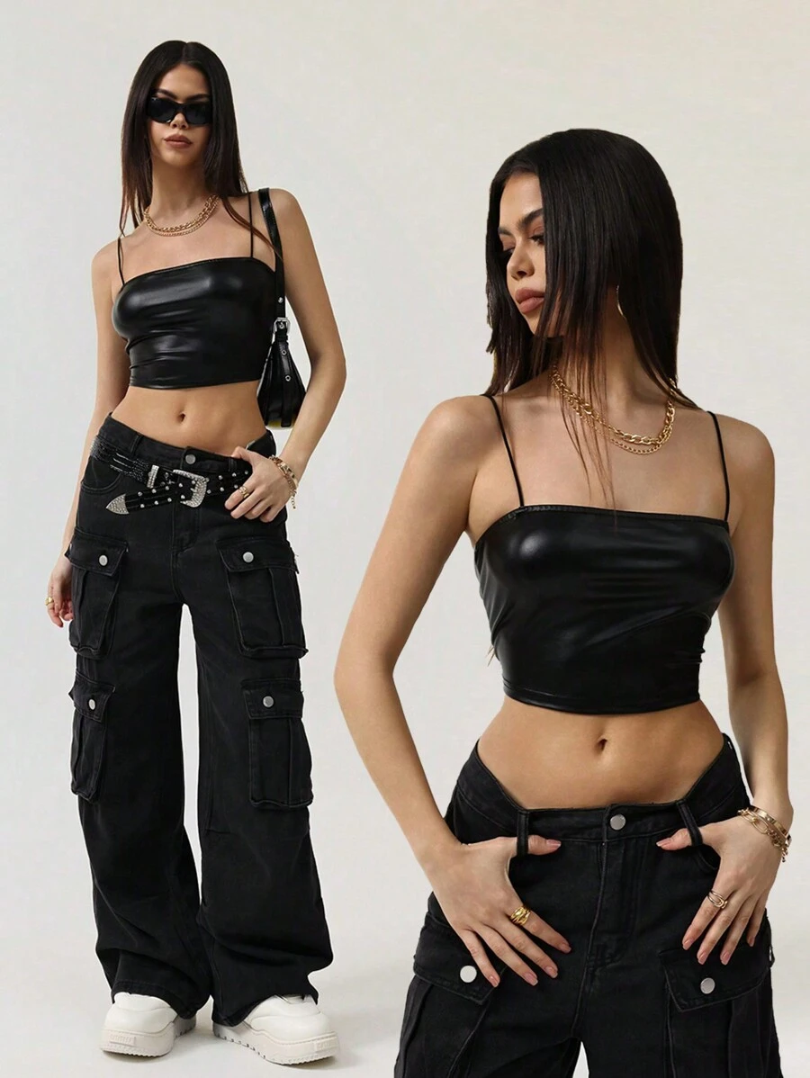 SHEIN HypeZone Áo ba lỗ PU trơn màu phong cách đường phố giản dị cho nữ - màu đen - Xem 1