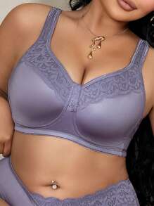 1pc Plus Size Purple Non-Underwire Sheer Bralette, Lift - Purple - View 3