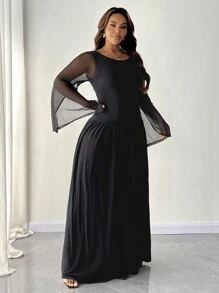 SHEIN Unity Plus Size Women Crew Neck Long Sleeve Black Ruffle Hem Elegant Party Dress Maxi Women Outfit Fall Cloth For Women - Black - View 5