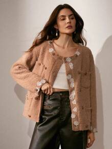 Anewsta Elegant Loose Floral Pocket Cardigan, High Quality Sophisticated Style Women Outfit For New Year