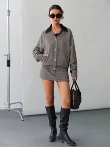 Aveloria Affinna Vintage-Style Plaid Color Block Collar Loose Jacket And Low Waist Shorts 2Pcs Suit For Women