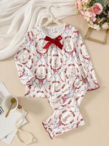 2pcs Little Girls Ruffle Collar Rabbit Bow Floral Print Ruffled Long Sleeve Top And Casual Ruffled Long Pants Pajama Set - Multicolor - View 1