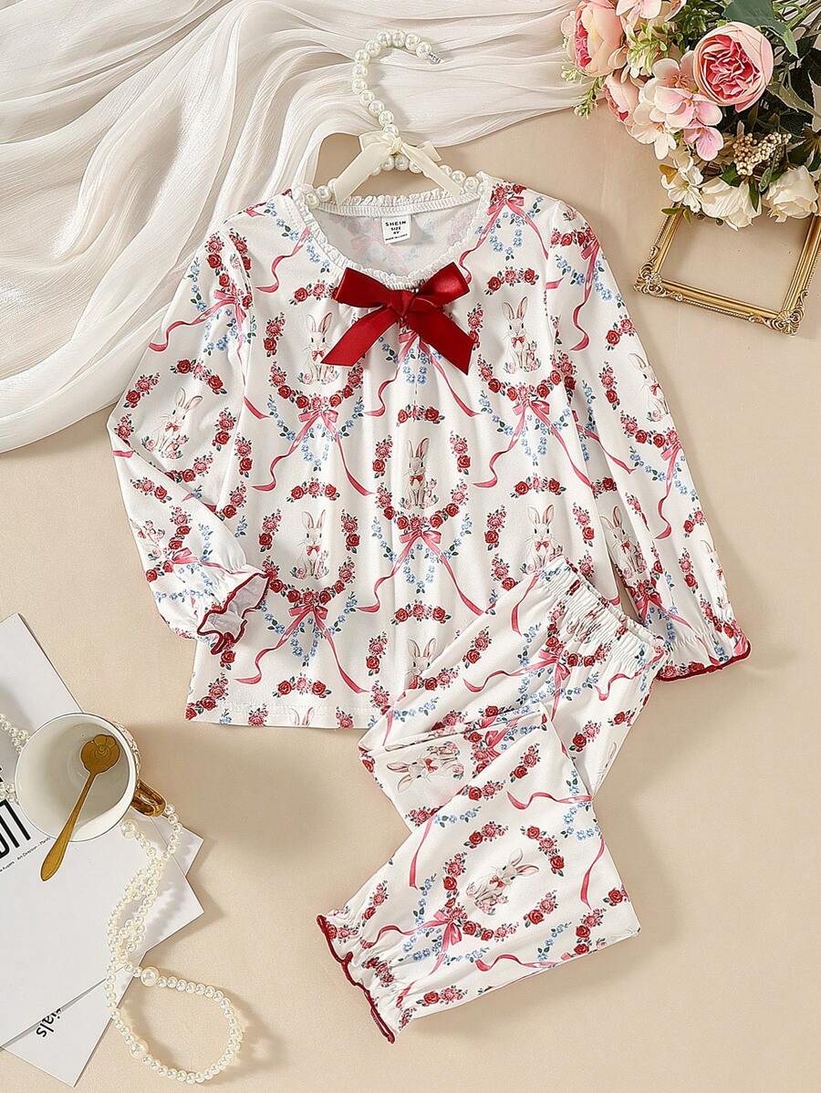 2pcs Little Girls Ruffle Collar Rabbit Bow Floral Print Ruffled Long Sleeve Top And Casual Ruffled Long Pants Pajama Set - Multicolor - View 1