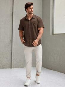 Manfinity Homme Plus Size Men's Solid Color Front Button Short Sleeve Pocket Casual Shirt - Brown - View 3