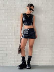 EgrlEra PU 皮革低背系带无袖上衣和迷你裙套装 - 黑色 - 查看 4