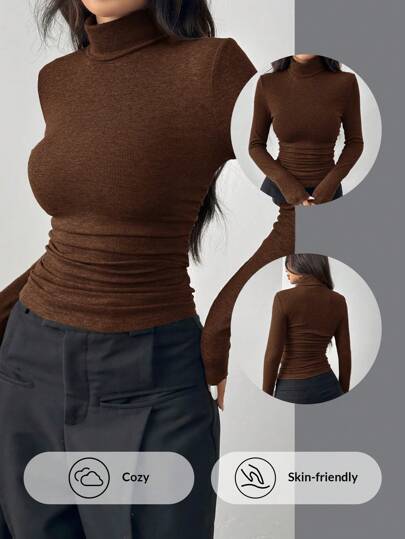SHEIN EZwear 大码女式巧克力棕色高领长袖褶饰修身T恤