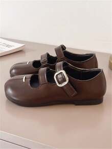 儿童休闲时尚软底公主平底鞋，钩环扣，校园风格，春秋新品 - 棕色 - 查看 3