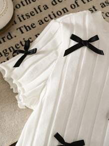 SHEIN LMoss Kids 带蝴蝶结装饰的年轻女孩休闲 T 恤 - 白色 - 查看 4