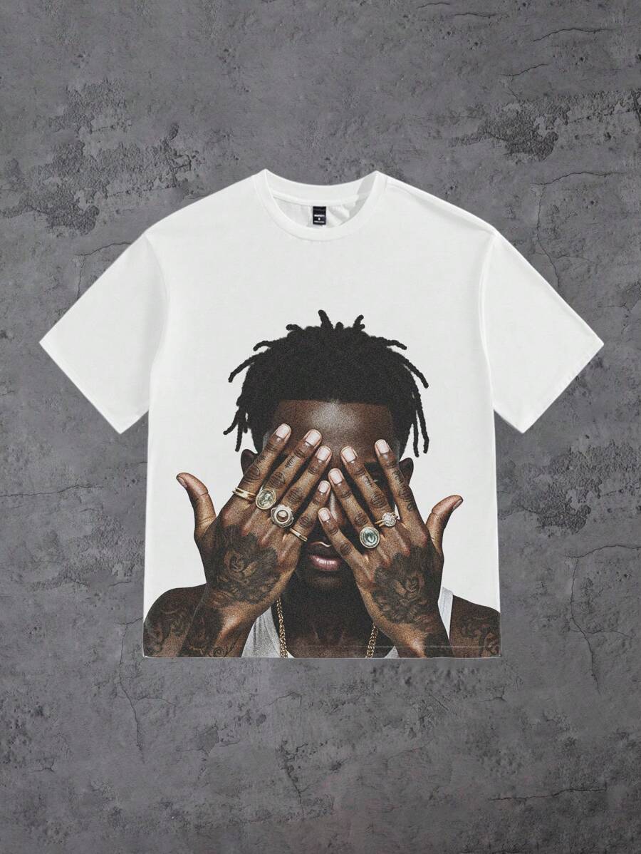 Manfinity LEGND Men's Street Hiphop Tattoo Portrait Graphic Print Oversized T-Shirt - White - View 1