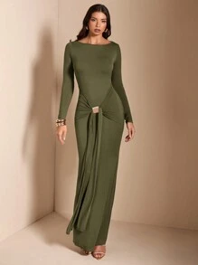 SHEIN BAE Coffee Brown Turtleneck Long Sleeve Bodycon Ruched Midi Dress For Women, Suitable For Cocktail Party, Date, Casual Layering, Party, Wedding, Halloween, Christmas