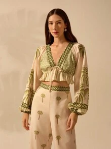 CAJUNI 女式波西米亚风热带棕榈树印花 V 领灯笼袖系带衬衫，休闲海滩度假夏季短款上衣 - 彩色 - 查看 3