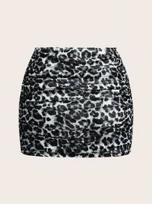 Muchica Knitted Leopard Print Mesh Women's Skirt - Grey - View 5