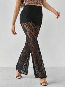 SHEIN Tall Resort Knitted Lace High Waisted Flared Women's Trousers