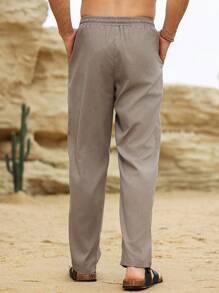 Genlund Pantalon droit en lin à poche de ceinture de couleur unie pour hommes - Gris foncé - Voir 2