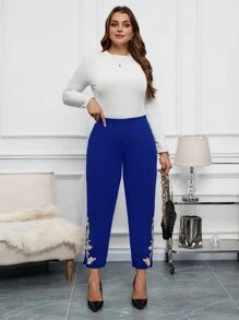 Chikora Plus Size Women Floral Embroidery Slit Hem Elegant Pants - Royal Blue - View 6