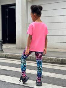 2 件套女童（幼儿）图案印花上衣 + 情人节心形印花紧身裤，休闲风格，适合室内和室外穿着 - 彩色 - 查看 2