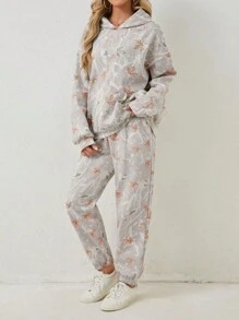 SHEIN EZwear Bộ 2 chiếc/bộ áo hoodie in họa tiết giản dị hở vai rộng rãi có túi Kangaroo và quần nỉ bo thun, mùa xuân/thu - Nhiều màu - Xem 5