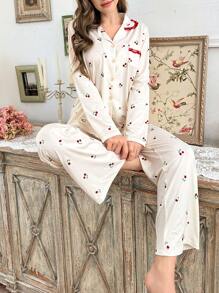CottageSlumber CottageSlumber 2pcs/Set Women Contrast Color Lace Trim Collar Button Front Cardigan And Cherry Print Long Pants Pajama Set