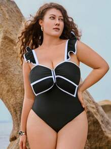 Swim Oasis Plus Size 2pcs Swimwear Set In Black & White - Frill Strap Bowknot One Piece Swimsuit With Matching Cover-Up Skirt, Casual & Resort Wear Summer - Black - View 5