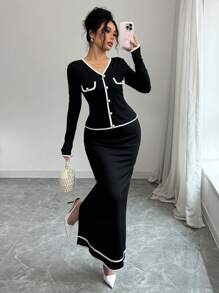 Selianne Women's Elegant 2 Pieces Set: Color Block V-Neck Long Sleeve Single-Breasted Top And Long Midi Skirt Fall Cloth For Women - Black and White - View 6