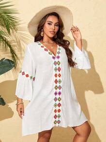 Swim Lushoire Plus Size Women's Woven Bamboo Fiber Patchwork Floral Boho Style Beachwear Swimsuit Cover Up With V-Neck And Ruffle Sleeves Summer - White - View 4