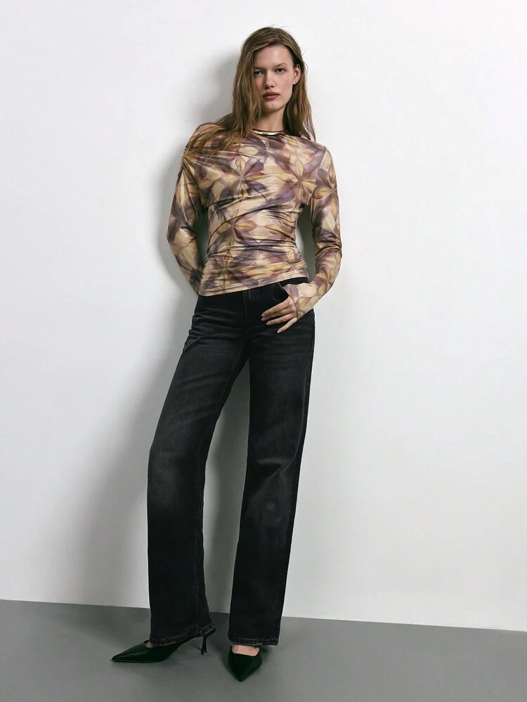 SHEIN Maija Urban Modern Cinched Waist Tight-Fitting Kaleidoscopic Print Khaki Versatile Sexy Asymmetric Neck Top, Casual Elegant Holiday Party Christmas New Year Thanksgiving Attire Valentine's Day