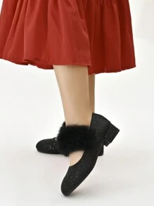 Girl's Black Furry High Heel Pumps, Suitable For Daily Wear - Black - View 4