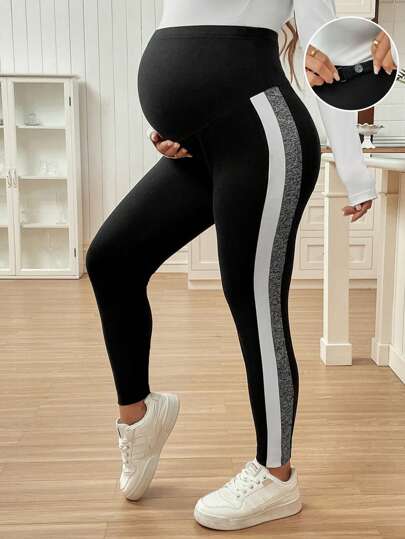 SHEIN Pantalones ajustables de maternidad, pantalones ajustados de color contrastante