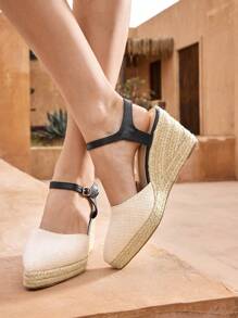 Styleloop Giày vải quai mắt cá chân đơn giản cho nữ, dây chun, khóa kéo, mũi tròn, khóa kim loại rỗng, đế xuồng dệt dày màu trắng - Màu be - Xem 2