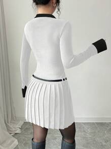 Selianne Women 2-In-1 Contrast Color Long Sleeve Pleated Hem Sweater Dress - Multicolor - View 2
