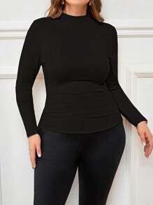 SHEIN Clasi Plus Size Women Solid Color Stand Collar Long Sleeve Ruched Casual T-Shirt, Autumn