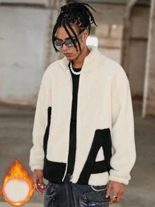 Manfinity Streetrush Chaqueta de manga larga con cremallera frontal, detalle gráfico con letras y empalme de color liso para hombres