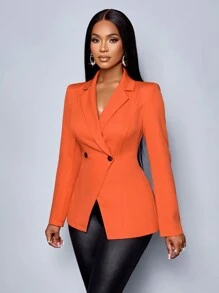 SOLERSUN Blazer elegante de mujer para el invierno, uso diario, fiestas de Año Nuevo, San Valentín, otoño e invierno. Ajuste ceñido a la cintura, cálido en color naranja. Traje para regreso a clases, Acción de Gracias. - Naranja - Ver 3